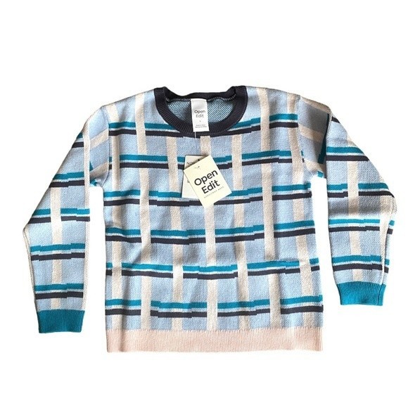 Nordstrom Open Edit Stripe Pattern Cotton Knit Sweater Blue Kentucky Thatch - Picture 2 of 5